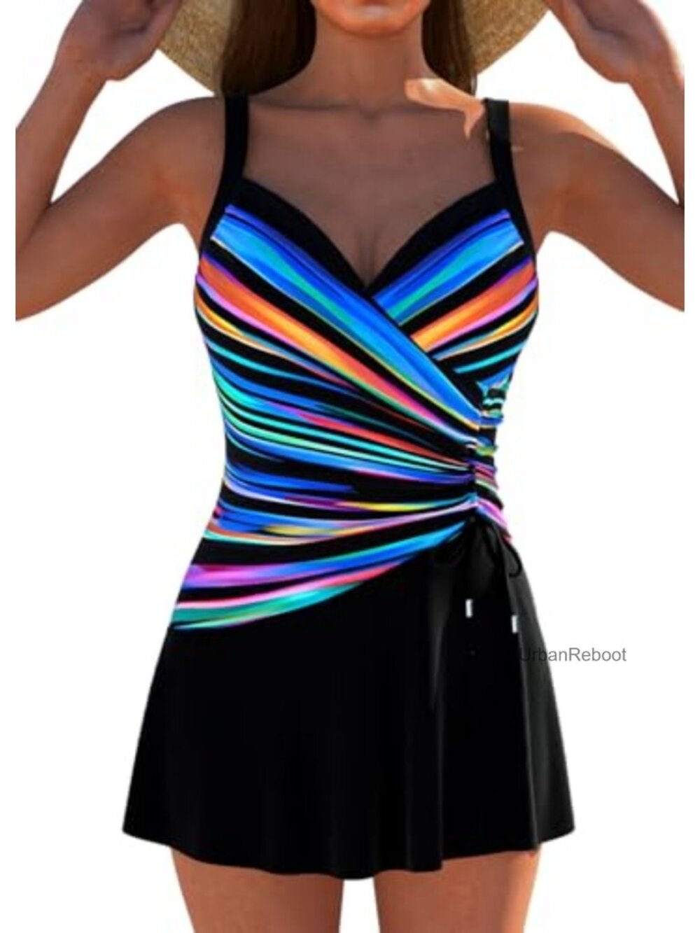 Modest One Piece Swimdress Faux 2-Piece Tummy Control Ruched V-Neck